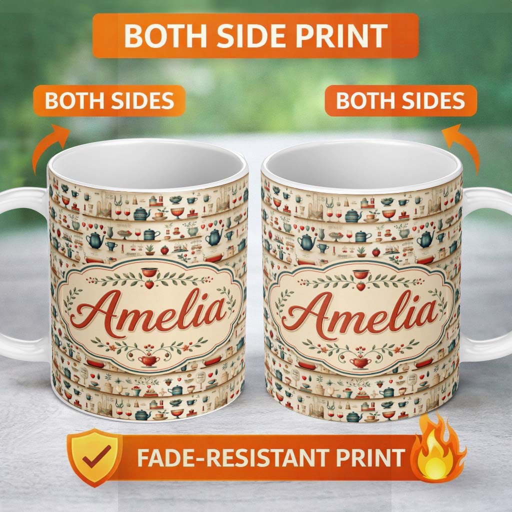 Personalized Custom Name Vintage Kitchen Herbs Fruits Cooking Items Seamless Pattern Name 11oz Ceramic Coffee Tea Mug White Large Handle