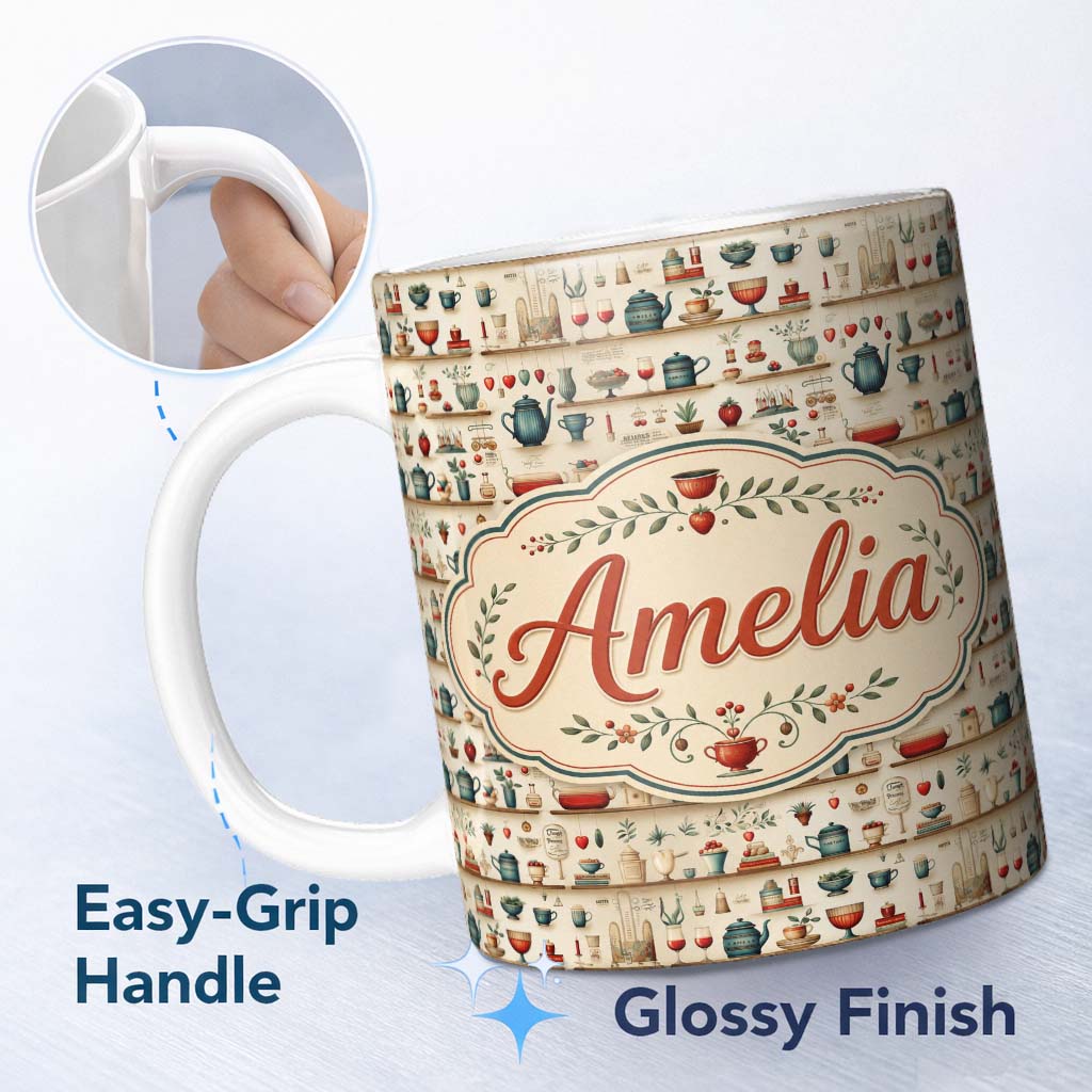 Personalized Custom Name Vintage Kitchen Herbs Fruits Cooking Items Seamless Pattern Name 11oz Ceramic Coffee Tea Mug White Large Handle