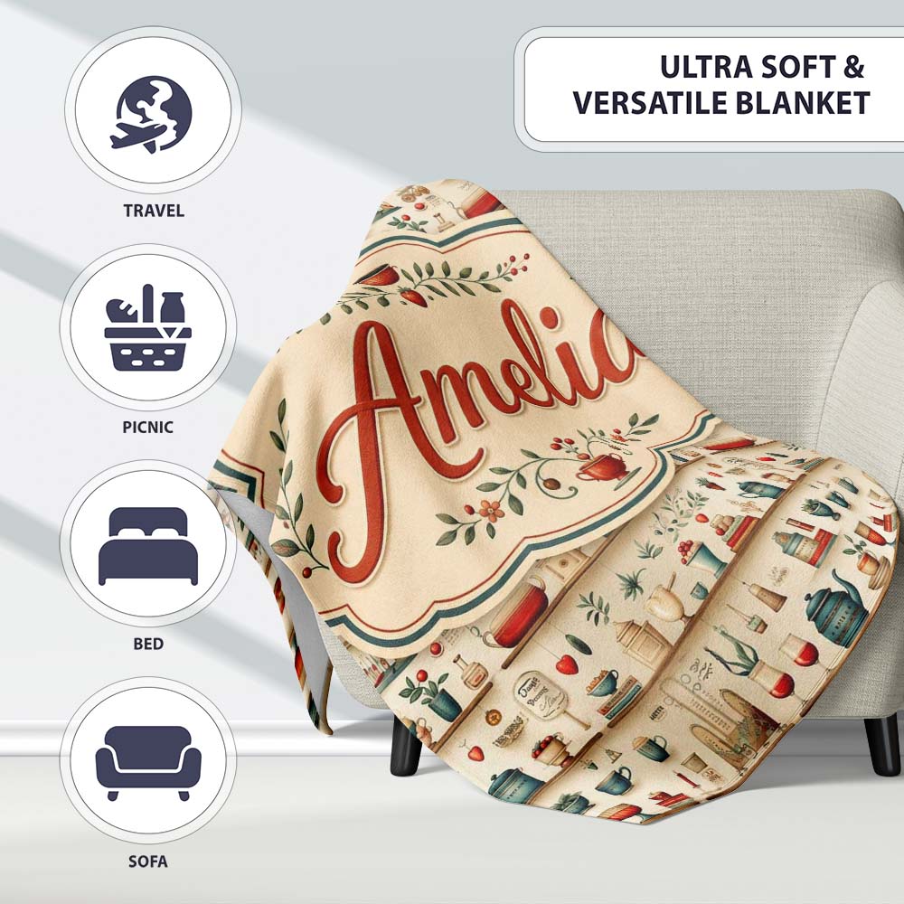 Vintage Herbs Fruits Cooking Items Seamless Pattern Name Personalised Custom Name Super Soft Fleece Blanket Bed Sofa Throw