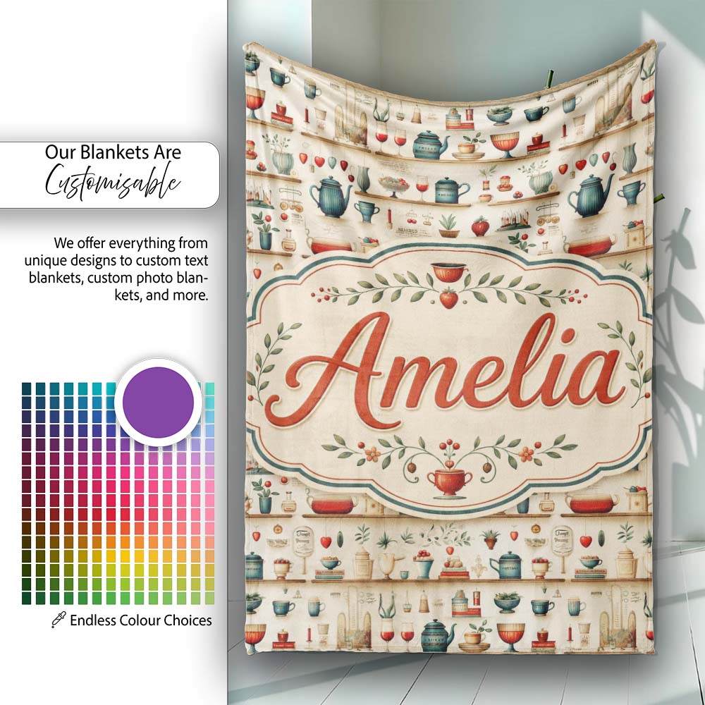 Vintage Herbs Fruits Cooking Items Seamless Pattern Name Personalised Custom Name Super Soft Fleece Blanket Bed Sofa Throw