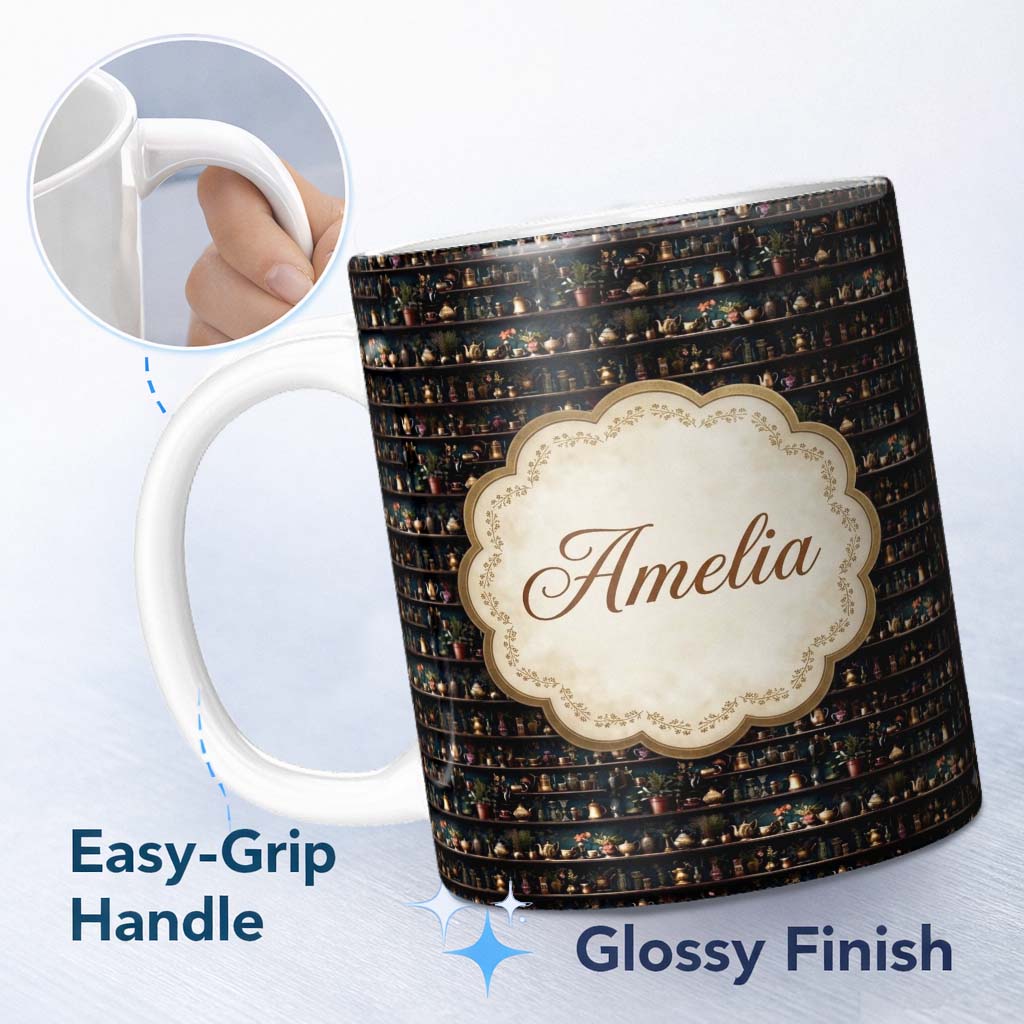Personalized Custom Name Luxury Dark Shelf Decor Teapots Plants Seamless Pattern Name Cute 11oz Ceramic Coffee Tea Mug White Large Handle