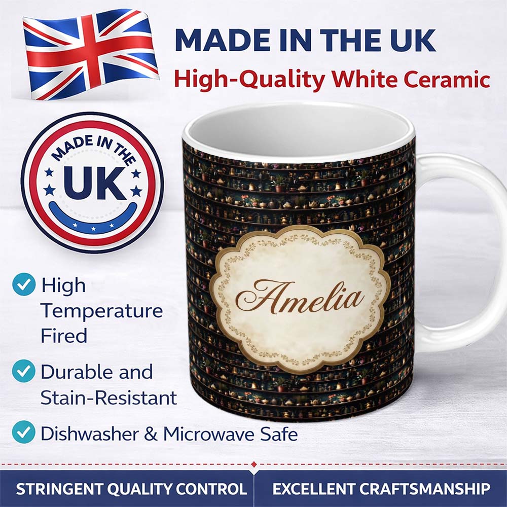 Personalized Custom Name Luxury Dark Shelf Decor Teapots Plants Seamless Pattern Name Cute 11oz Ceramic Coffee Tea Mug White Large Handle