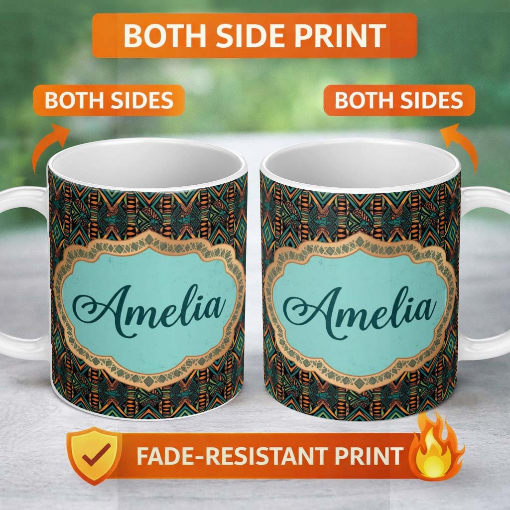 Personalized Custom Name African Tribal Geometric Pattern Bold Colors Seamless Name Cute 11oz Ceramic Coffee Tea Mug White Large Handle