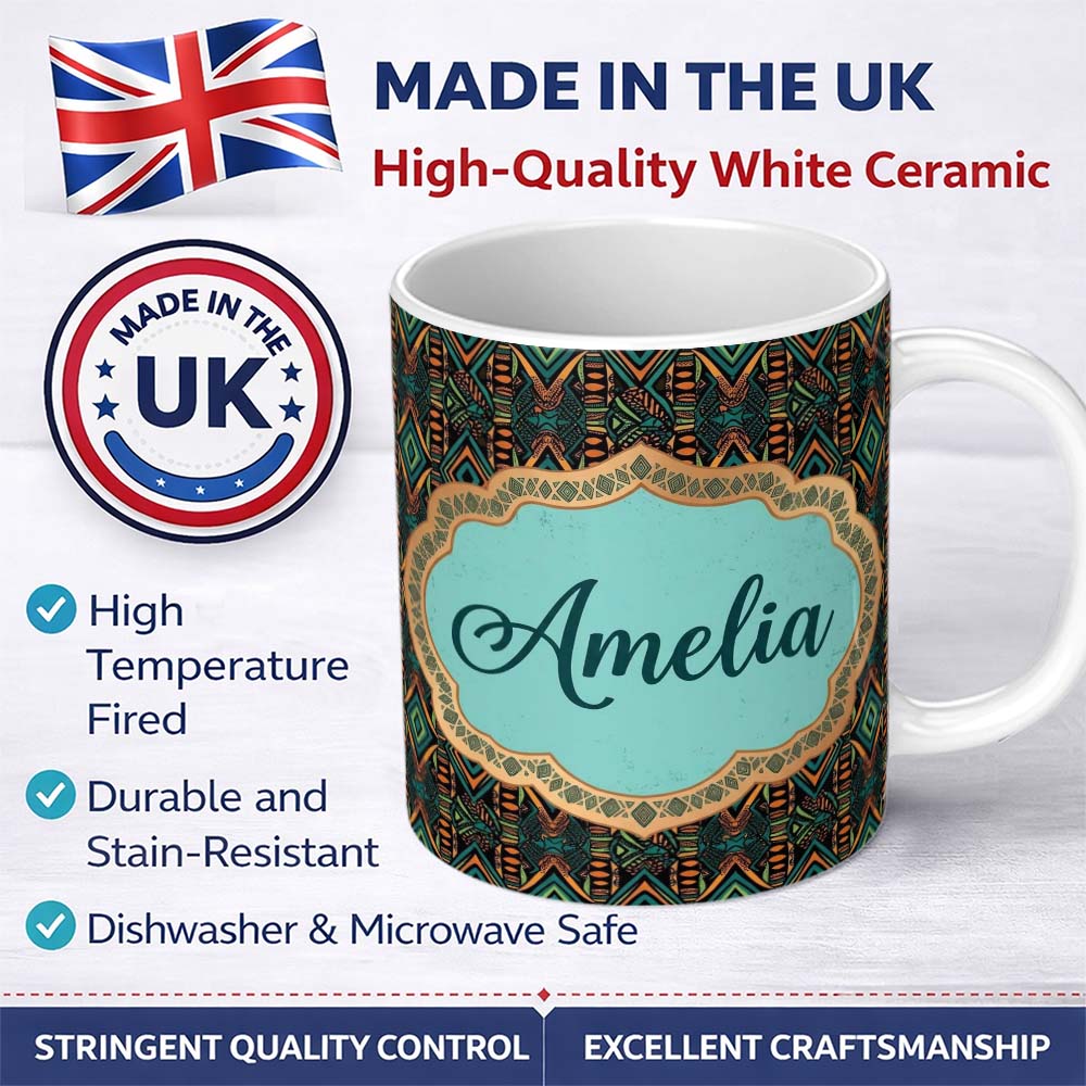 Personalized Custom Name African Tribal Geometric Pattern Bold Colors Seamless Name Cute 11oz Ceramic Coffee Tea Mug White Large Handle