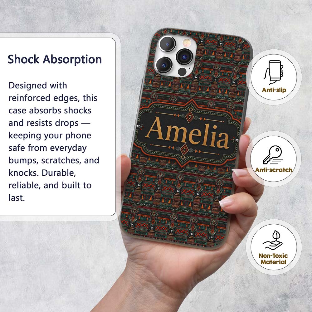 Ethnic Tribal Geometric Stripe Pattern Seamless Custom Name Protective Phone Case Mobile Cover Durable Everyday Smartphone Shock Resistant