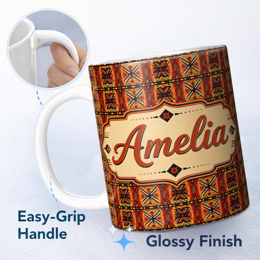 Personalized Custom Name African Tribal Abstract Bold Red Pattern Seamless Name Cute Unique 11oz Ceramic Coffee Tea Mug White Large Handle