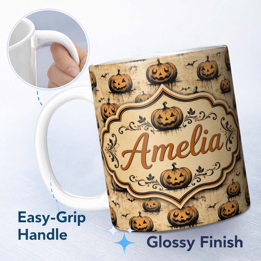 Personalized Custom Name Grungy Halloween Pumpkins with Ink Drip Effect on Aged Beige Lovely 11oz Ceramic Coffee Tea Mug White Large Handle