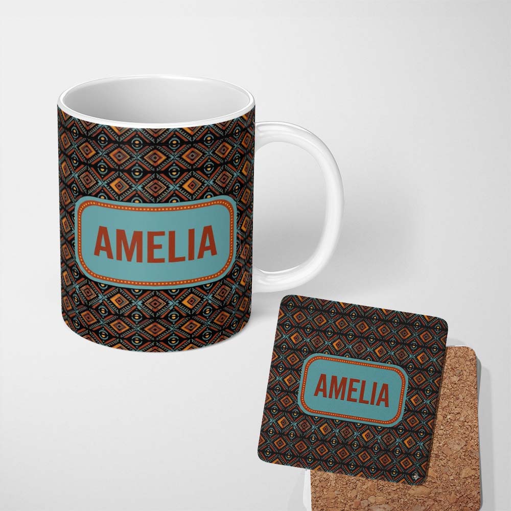 Personalized Custom Name African Tribal Geometric Diamond Pattern Seamless Name Cute Unique 11oz Ceramic Coffee Tea Mug White Large Handle