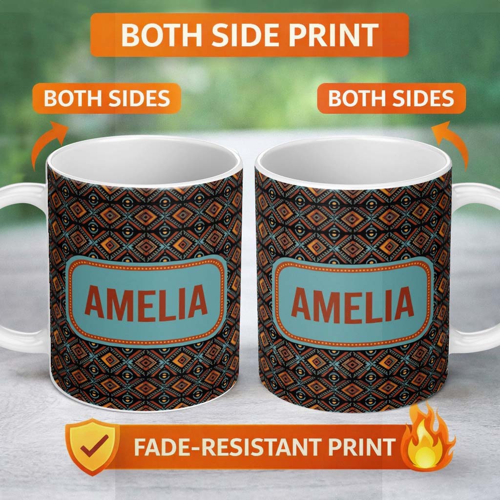 Personalized Custom Name African Tribal Geometric Diamond Pattern Seamless Name Cute Unique 11oz Ceramic Coffee Tea Mug White Large Handle