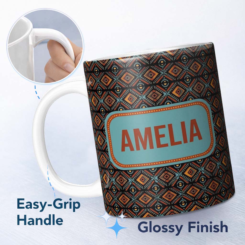 Personalized Custom Name African Tribal Geometric Diamond Pattern Seamless Name Cute Unique 11oz Ceramic Coffee Tea Mug White Large Handle