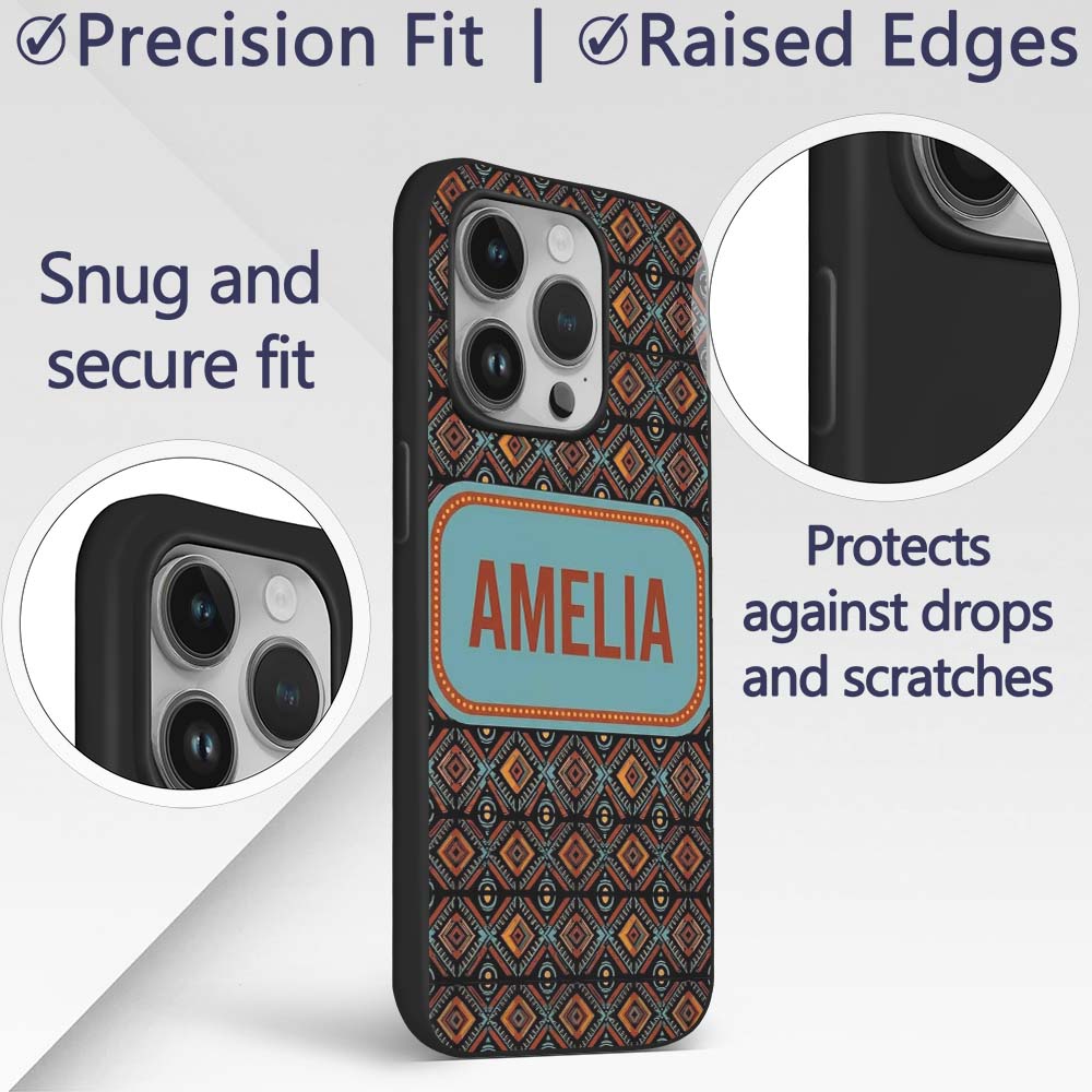 African Tribal Geometric Diamond Pattern Seamless Custom Name Protective Phone Case Mobile Cover Durable Everyday Smartphone Shock Resistant