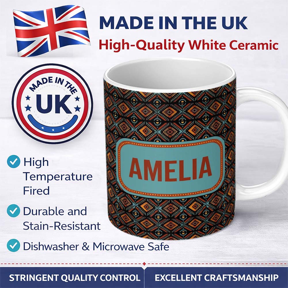 Personalized Custom Name African Tribal Geometric Diamond Pattern Seamless Name Cute Unique 11oz Ceramic Coffee Tea Mug White Large Handle