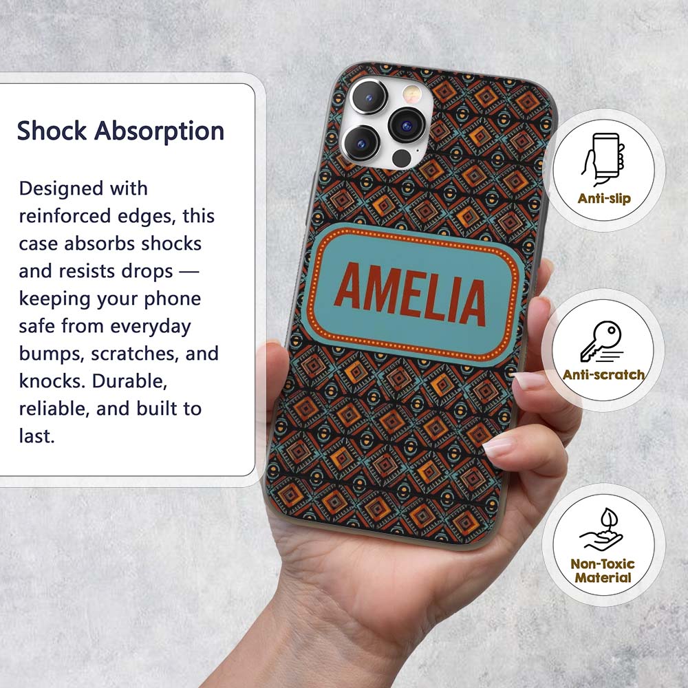 African Tribal Geometric Diamond Pattern Seamless Custom Name Protective Phone Case Mobile Cover Durable Everyday Smartphone Shock Resistant