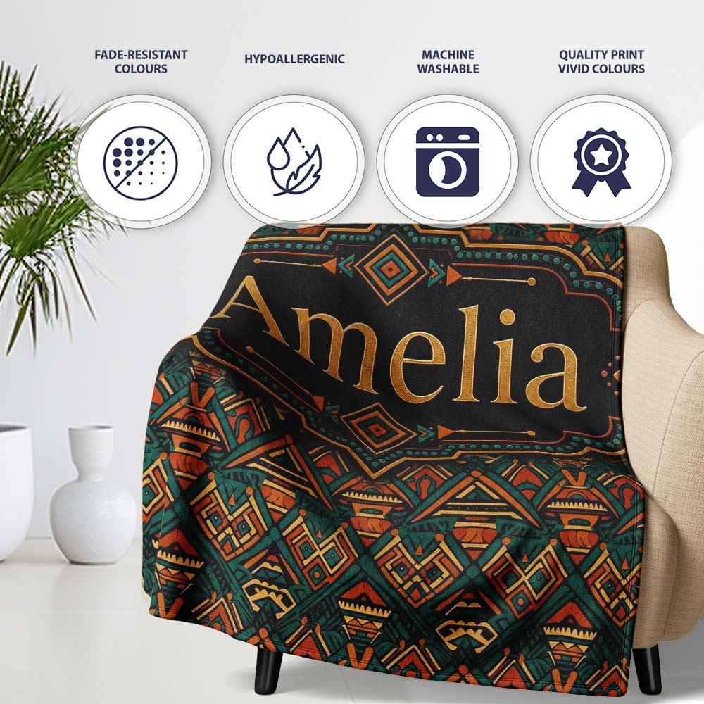 African Tribal Abstract Shapes Pattern Seamless Name Cute Unique Personalised Custom Name Super Soft Fleece Blanket Bed Sofa Throw