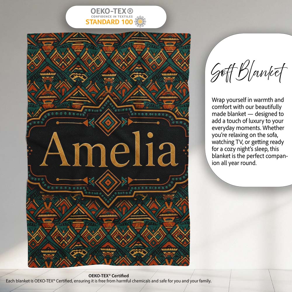 African Tribal Abstract Shapes Pattern Seamless Name Cute Unique Personalised Custom Name Super Soft Fleece Blanket Bed Sofa Throw