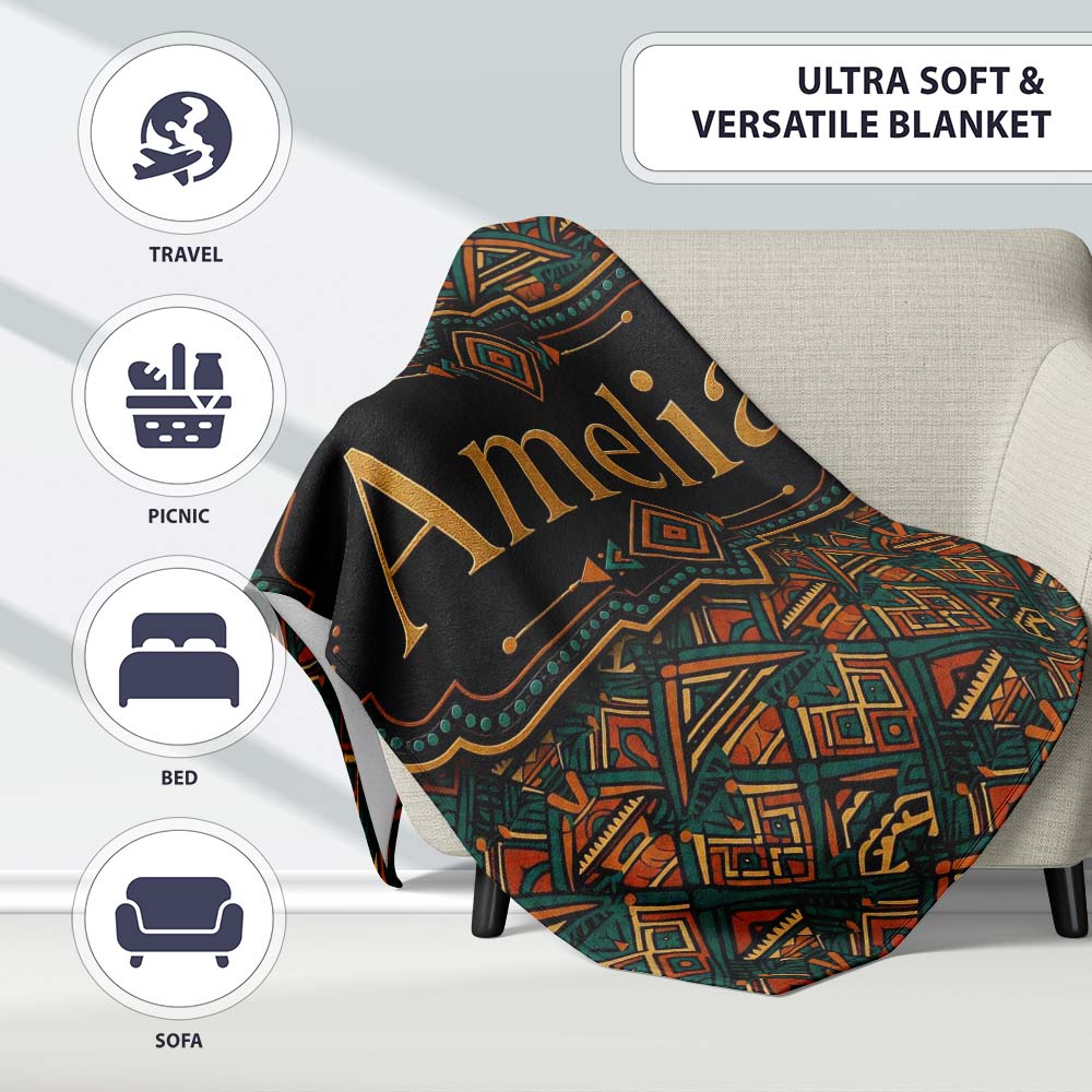 African Tribal Abstract Shapes Pattern Seamless Name Cute Unique Personalised Custom Name Super Soft Fleece Blanket Bed Sofa Throw