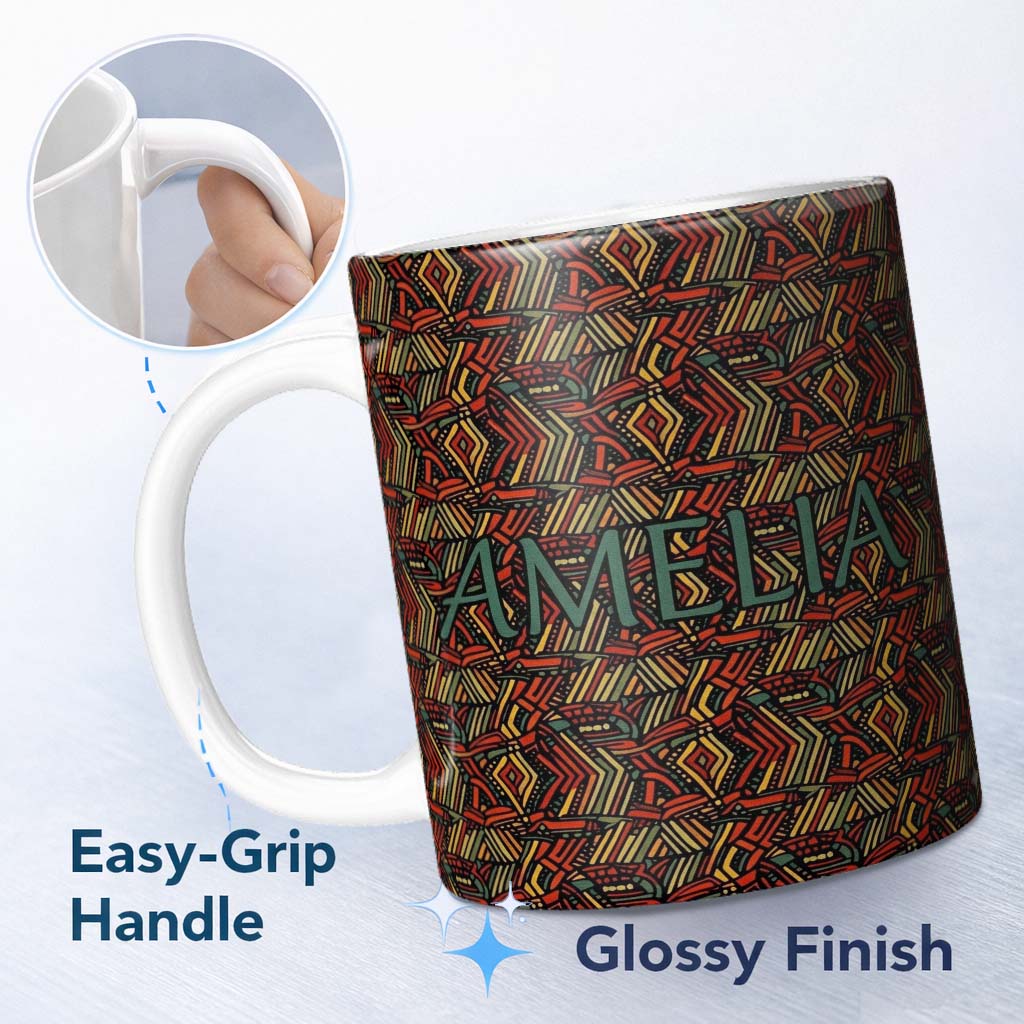 Personalized Custom Name African Tribal Wavy Line Abstract Pattern Seamless Name Cute Unique 11oz Ceramic Coffee Tea Mug White Large Handle