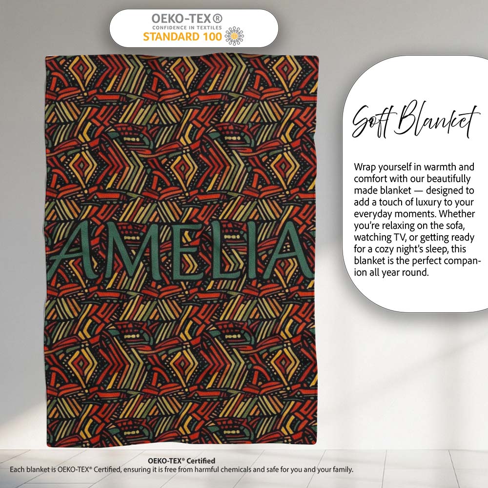 African Tribal Wavy Line Abstract Pattern Seamless Name Cute Unique Personalised Custom Name Super Soft Fleece Blanket Bed Sofa Throw