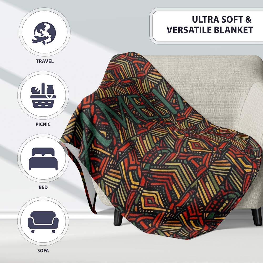 African Tribal Wavy Line Abstract Pattern Seamless Name Cute Unique Personalised Custom Name Super Soft Fleece Blanket Bed Sofa Throw
