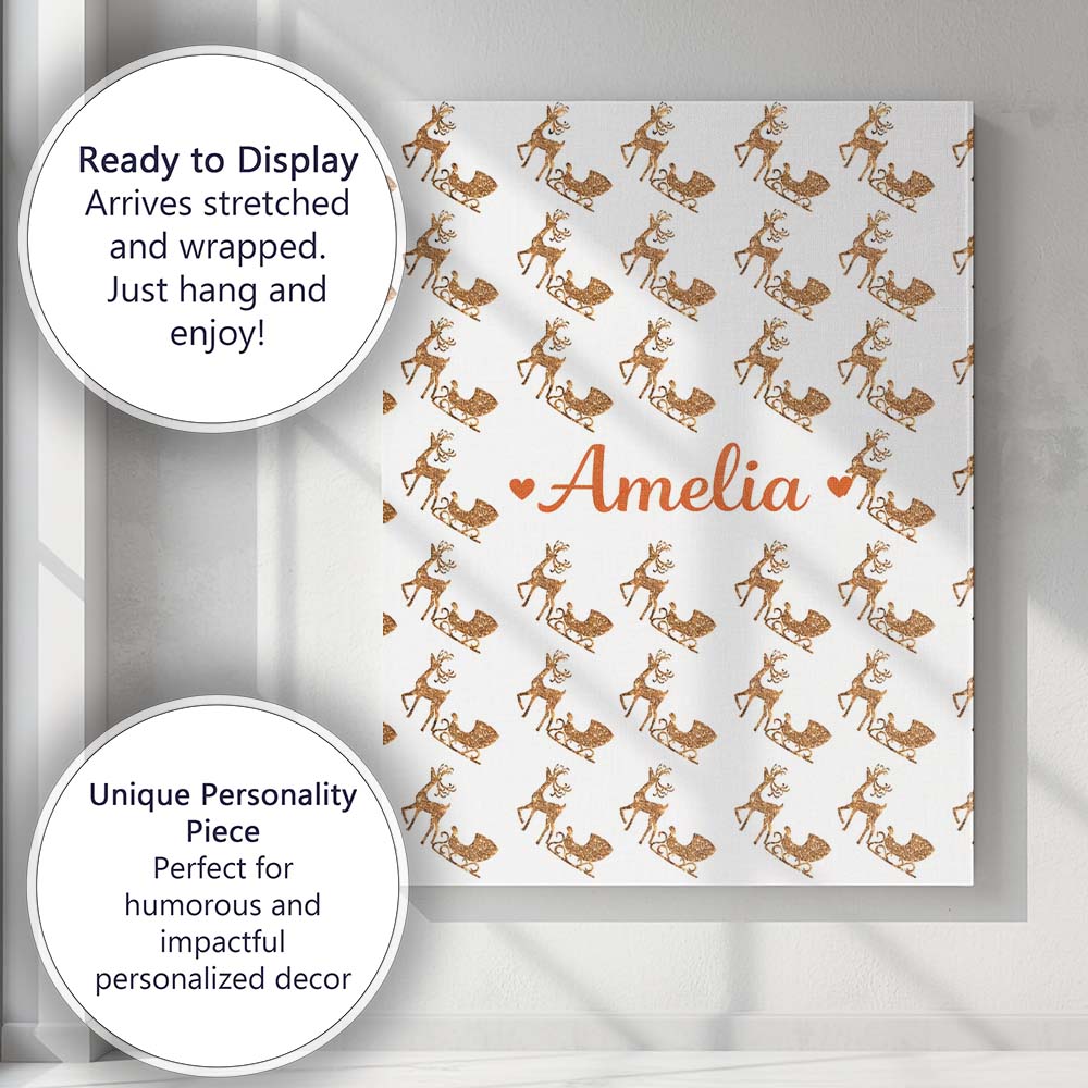 Personalised Name Gold Glitter Reindeer Sleigh Christmas White Custom Modern Room Accent Canvas Wall Art Print Decor Picture Ready to Hang