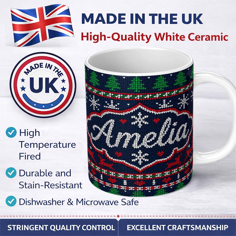 Personalized Custom Name Blue Red Christmas Reindeer Snowflake Knit Seamless Pattern Lovely 11oz Ceramic Coffee Tea Mug White Large Handle