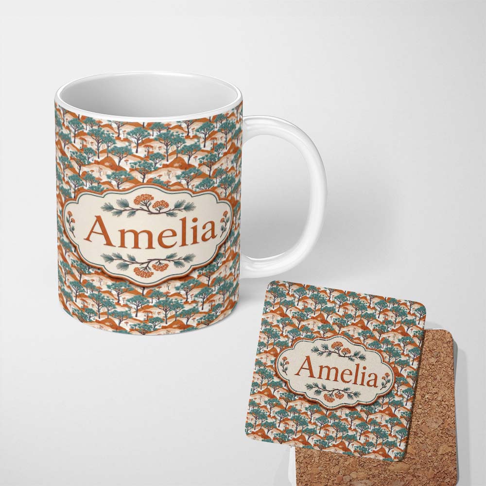 Personalized Custom Name Desert Landscape Trees Nature Seamless Pattern Name Cute Unique Gift 11oz Ceramic Coffee Tea Mug White Large Handle