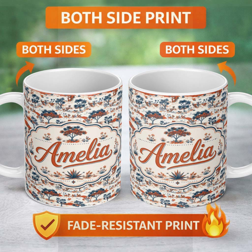 Personalized Custom Name Desert Botanical Trees Scenic Pattern Seamless Name Cute Unique Gift 11oz Ceramic Coffee Tea Mug White Large Handle