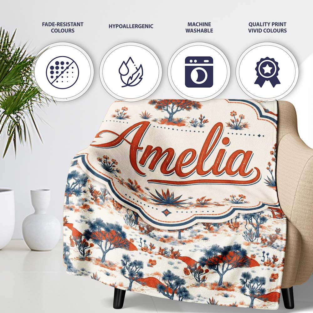 Desert Botanical Trees Scenic Pattern Seamless Name Cute Unique Gift Personalised Custom Name Super Soft Fleece Blanket Bed Sofa Throw