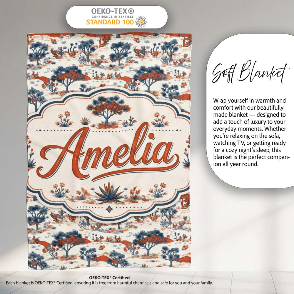 Desert Botanical Trees Scenic Pattern Seamless Name Cute Unique Gift Personalised Custom Name Super Soft Fleece Blanket Bed Sofa Throw