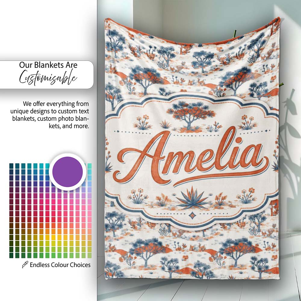 Desert Botanical Trees Scenic Pattern Seamless Name Cute Unique Gift Personalised Custom Name Super Soft Fleece Blanket Bed Sofa Throw