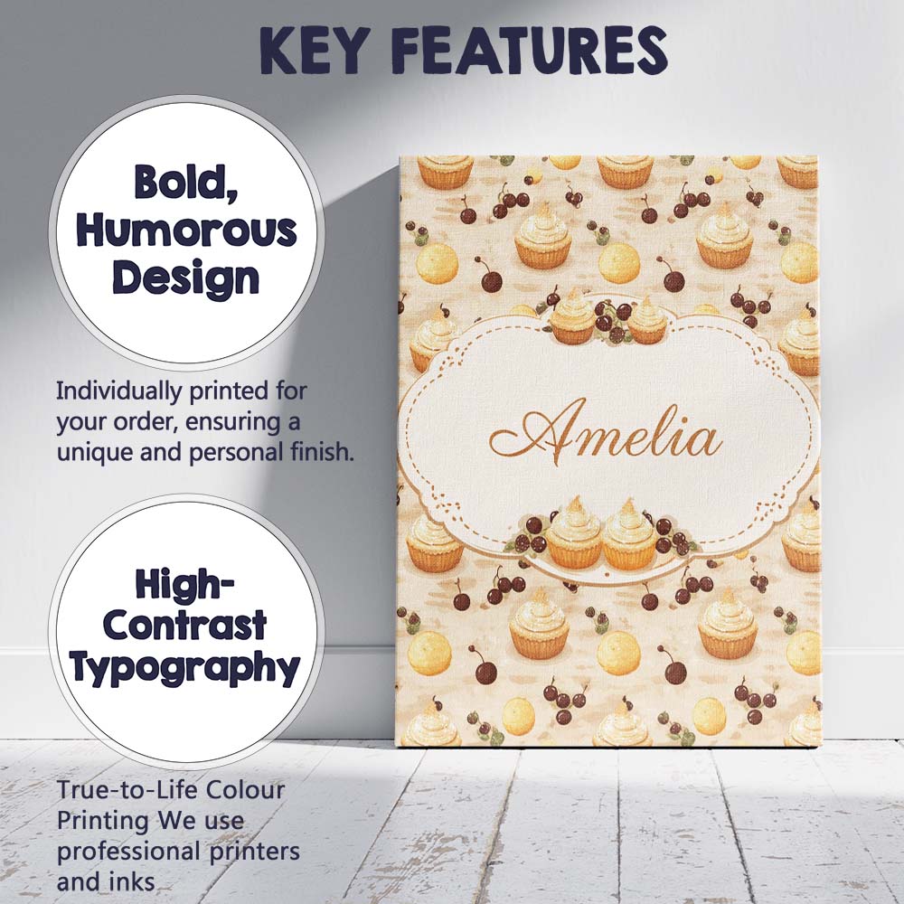 Personalised Name Cherry Topped Cupcake and Dessert Illustration Custom Interior Canvas Wall Art Print Decor Picture Ready to Hang