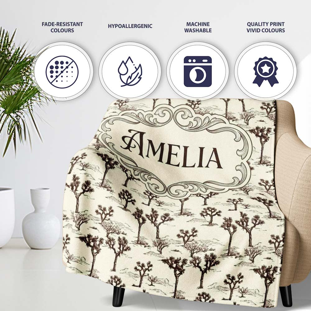 Vintage Desert Trees Sketch Seamless Pattern Name Cute Unique Gift Personalised Custom Name Super Soft Fleece Blanket Bed Sofa Throw