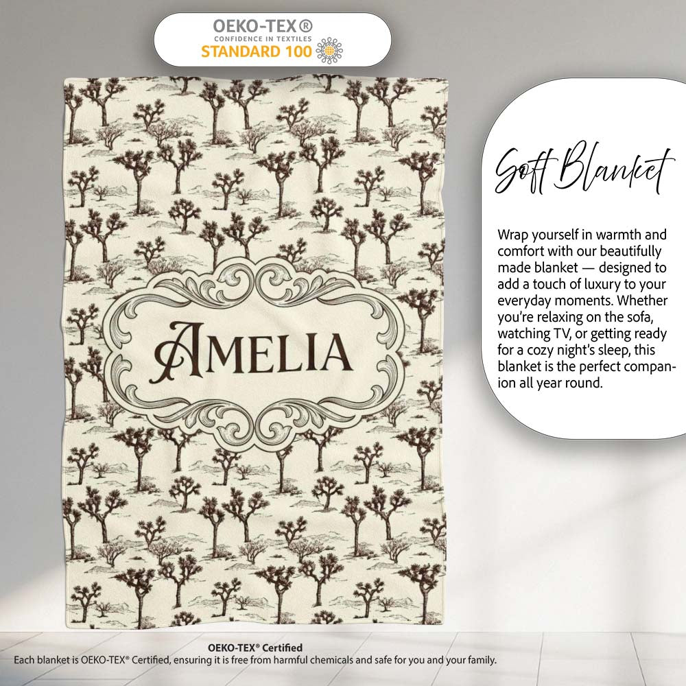 Vintage Desert Trees Sketch Seamless Pattern Name Cute Unique Gift Personalised Custom Name Super Soft Fleece Blanket Bed Sofa Throw
