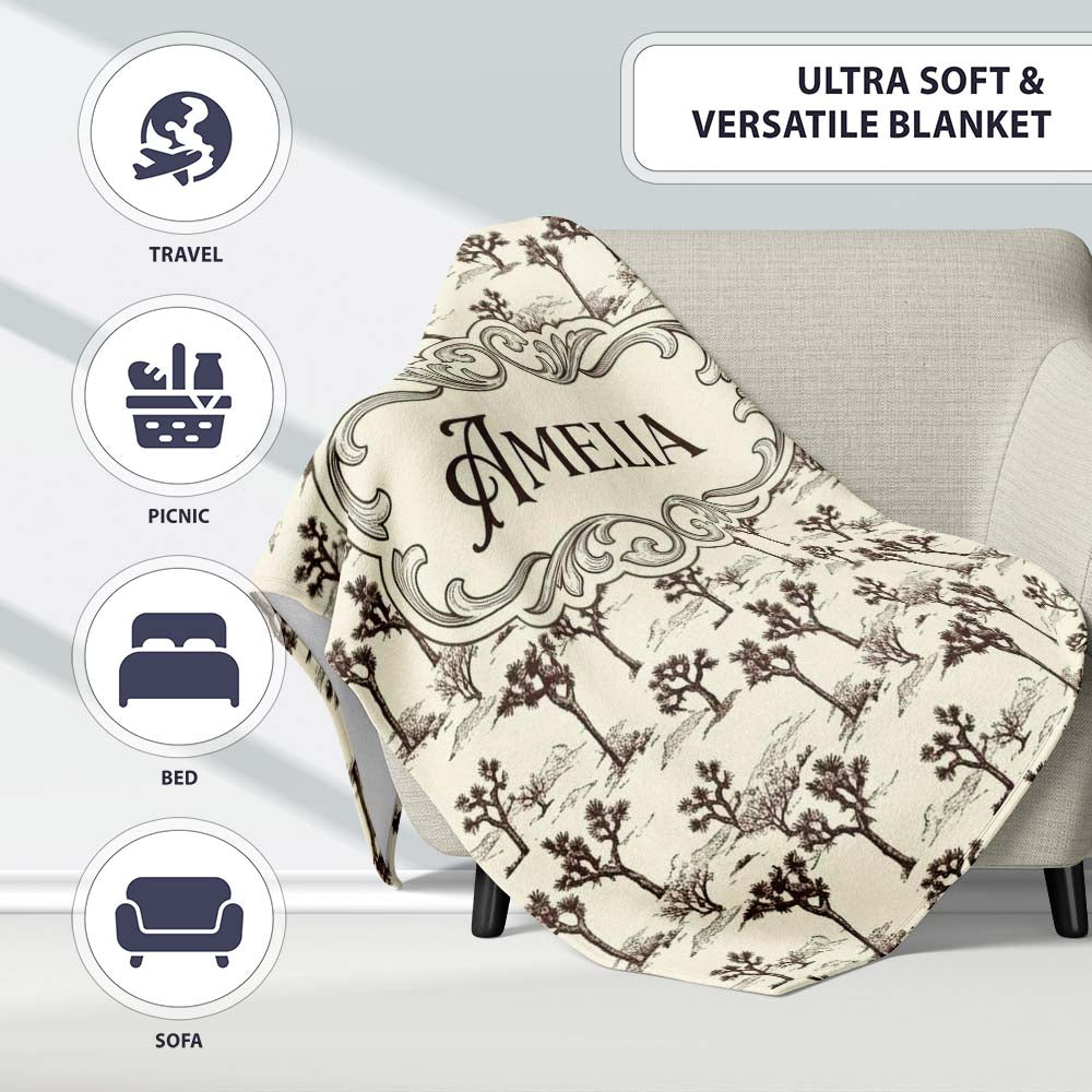 Vintage Desert Trees Sketch Seamless Pattern Name Cute Unique Gift Personalised Custom Name Super Soft Fleece Blanket Bed Sofa Throw