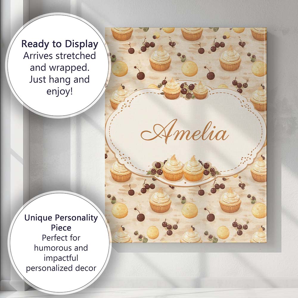 Personalised Name Cherry Topped Cupcake and Dessert Illustration Custom Interior Canvas Wall Art Print Decor Picture Ready to Hang