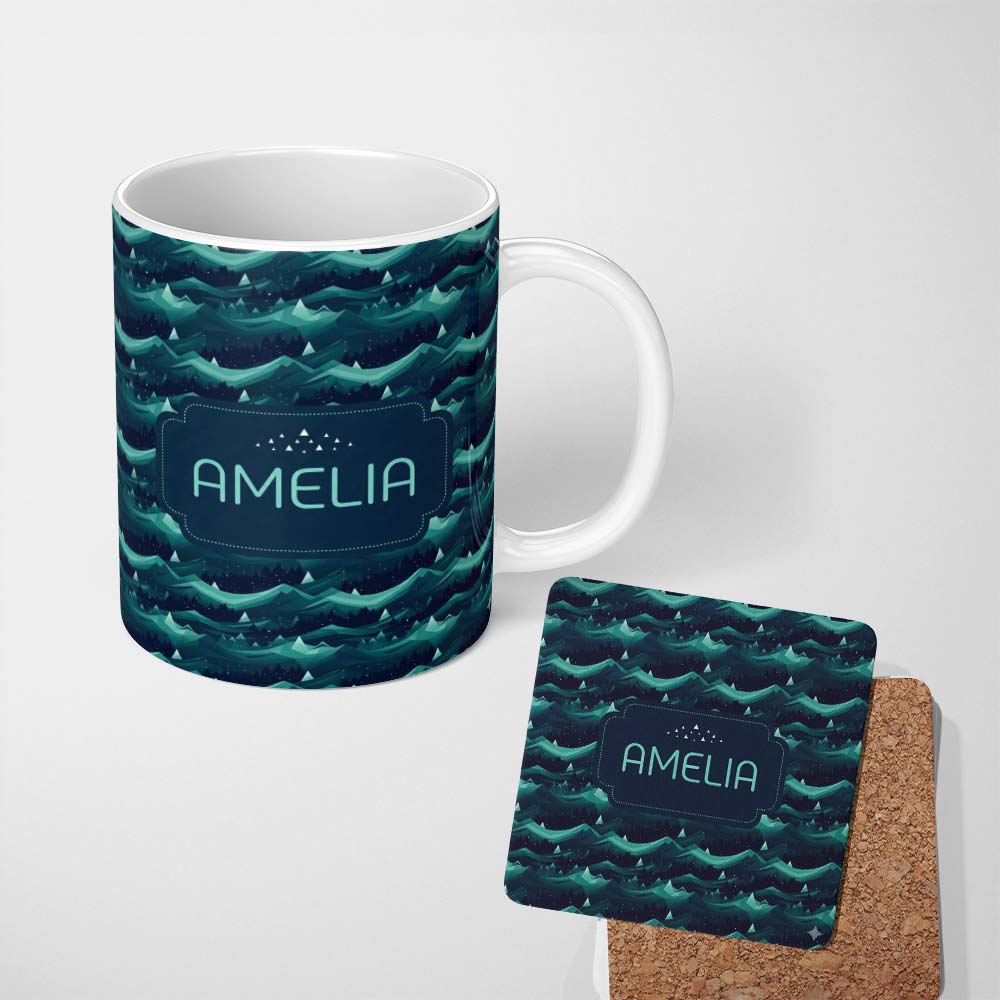 Personalized Custom Name Abstract Night Mountains Landscape Seamless Pattern Name Cute 11oz Ceramic Coffee Tea Mug White Large Handle