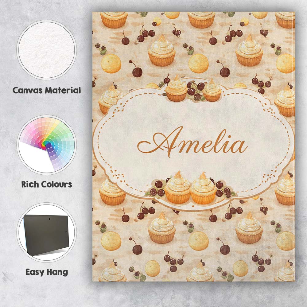Personalised Name Cherry Topped Cupcake and Dessert Illustration Custom Interior Canvas Wall Art Print Decor Picture Ready to Hang