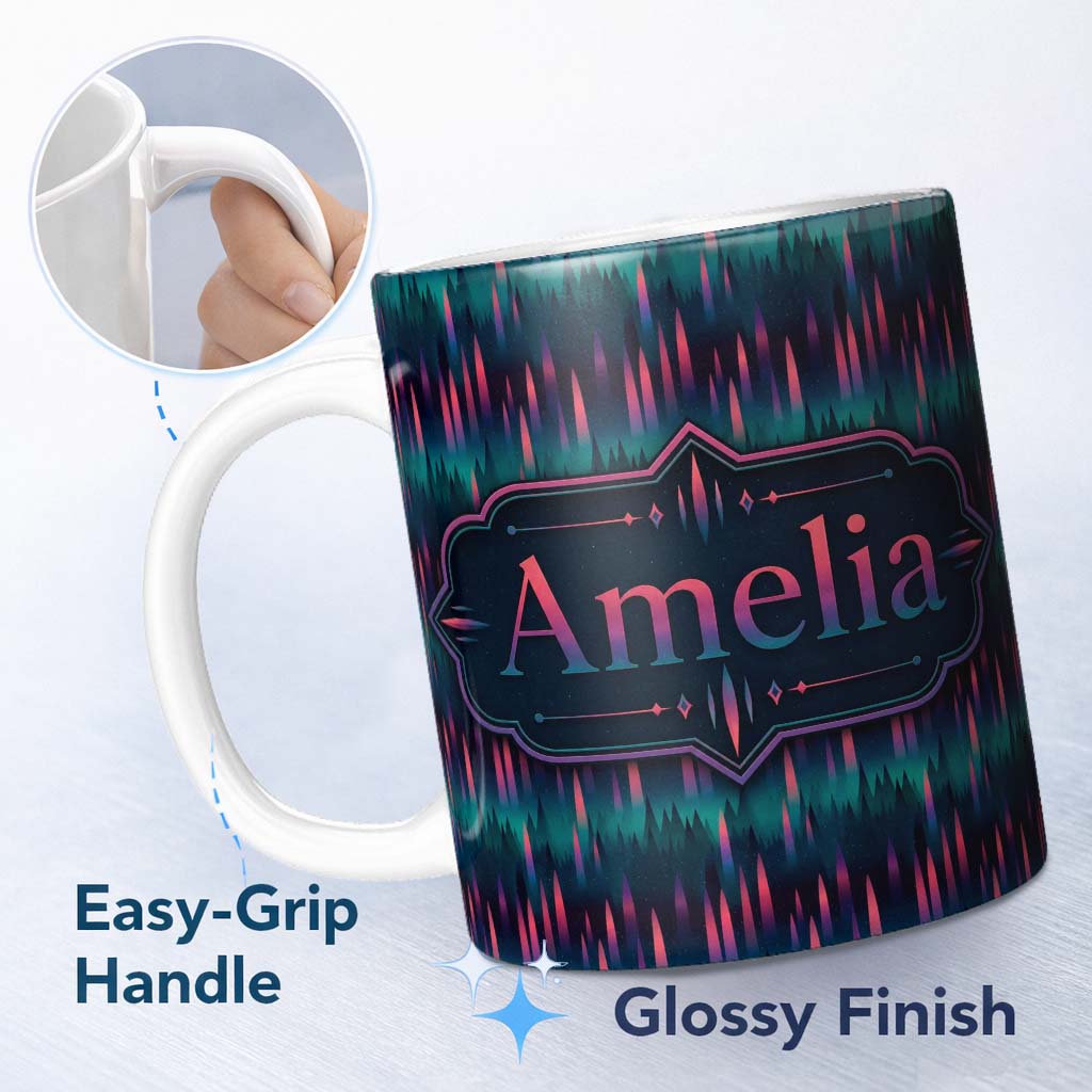 Personalized Custom Name Aurora Forest Gradient Night Seamless Pattern Custom Name Cute 11oz Ceramic Coffee Tea Mug White Large Handle
