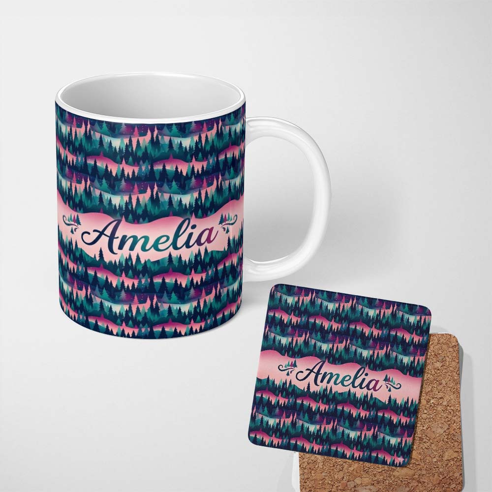 Personalized Custom Name Colorful Pine Forest Dreamscape Seamless Pattern Name Cute Unique 11oz Ceramic Coffee Tea Mug White Large Handle