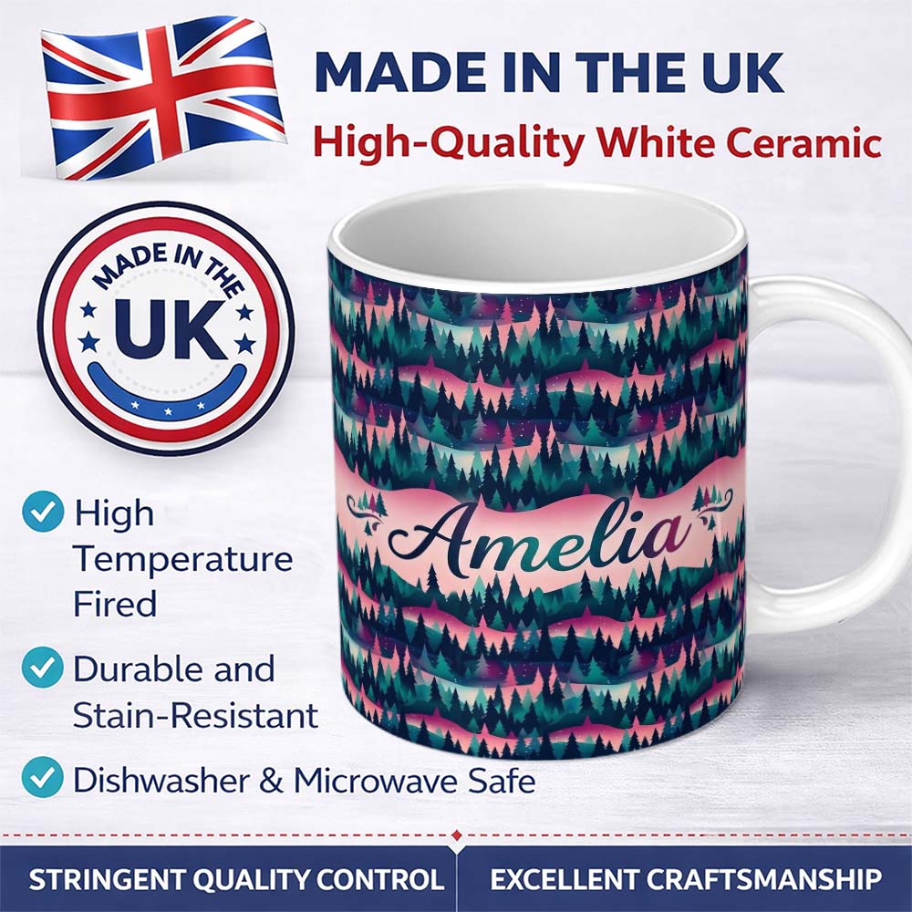 Personalized Custom Name Colorful Pine Forest Dreamscape Seamless Pattern Name Cute Unique 11oz Ceramic Coffee Tea Mug White Large Handle