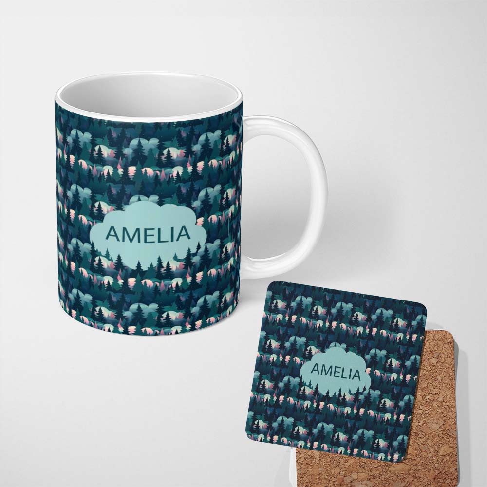 Personalized Custom Name Moonlit Forest Silhouette Pattern Seamless Name Cute Unique Gift 11oz Ceramic Coffee Tea Mug White Large Handle