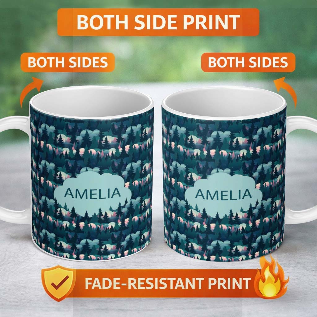 Personalized Custom Name Moonlit Forest Silhouette Pattern Seamless Name Cute Unique Gift 11oz Ceramic Coffee Tea Mug White Large Handle