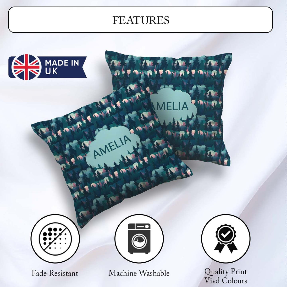 Custom Name Moonlit Forest Silhouette Pattern Seamless Name Cute Square Filled Cushion Throw Pillow Sofa Bed Home Decor Zip Washable UK Made