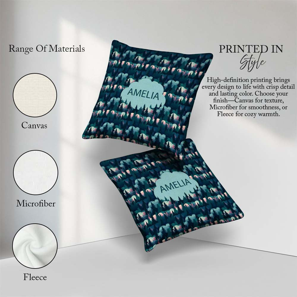 Custom Name Moonlit Forest Silhouette Pattern Seamless Name Cute Square Filled Cushion Throw Pillow Sofa Bed Home Decor Zip Washable UK Made