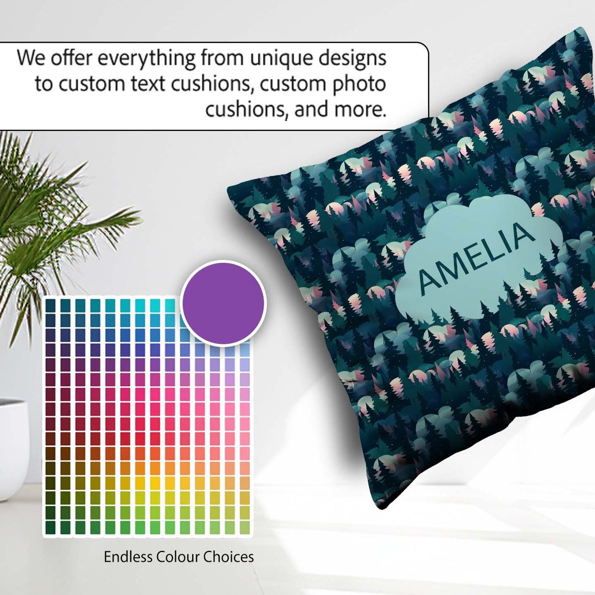 Custom Name Moonlit Forest Silhouette Pattern Seamless Name Cute Square Filled Cushion Throw Pillow Sofa Bed Home Decor Zip Washable UK Made
