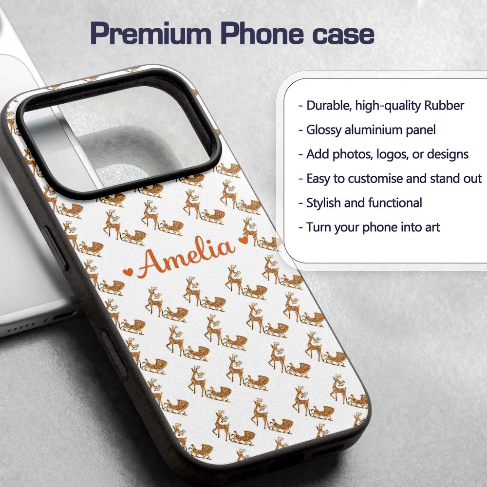 Gold Glitter Reindeer Sleigh Christmas White Custom Name Protective Phone Case Mobile Cover Durable Everyday Smartphone Shock Resistant
