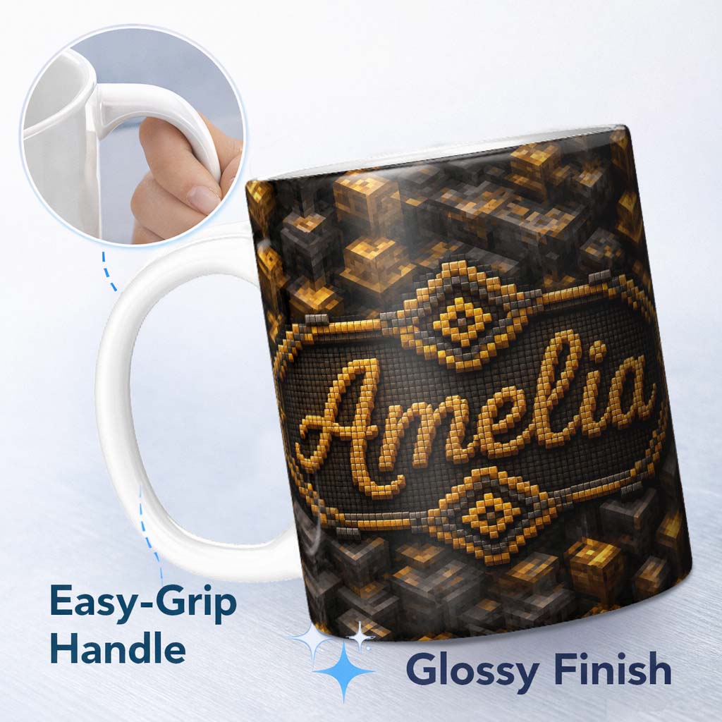 Personalized Custom Name Golden Brown 3D Cube Block Abstract Seamless Pattern Lovely 11oz Ceramic Coffee Tea Mug White Large Handle