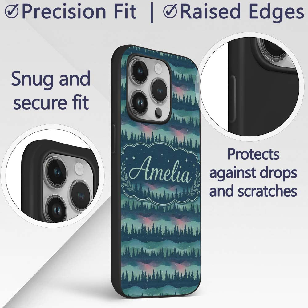 Starry Night Pine Trees Landscape Printed Design Custom Name Protective Phone Case Mobile Cover Durable Everyday Smartphone Shock Resistant