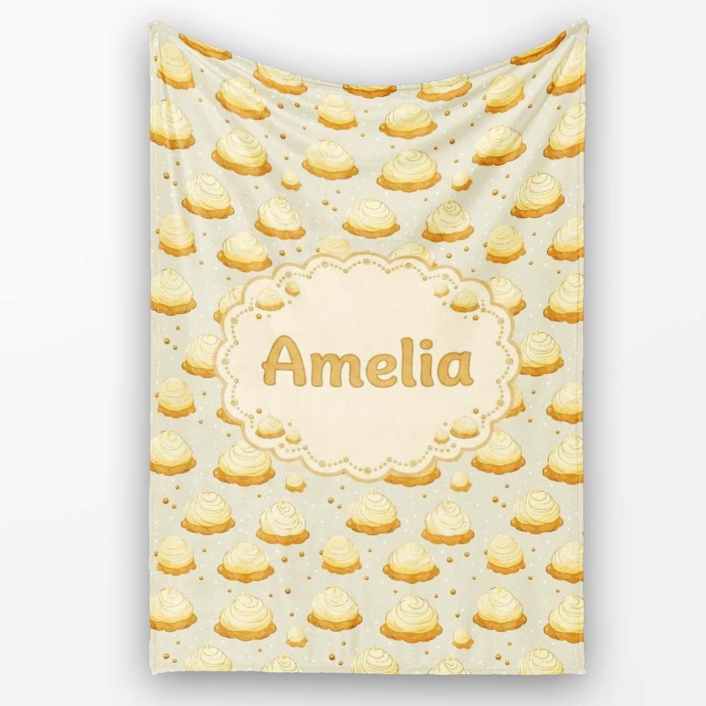 Golden Cream Dollop Pastry Repeating Minimal Seamless Pattern Lovely Personalised Custom Name Super Soft Fleece Blanket Bed Sofa Throw