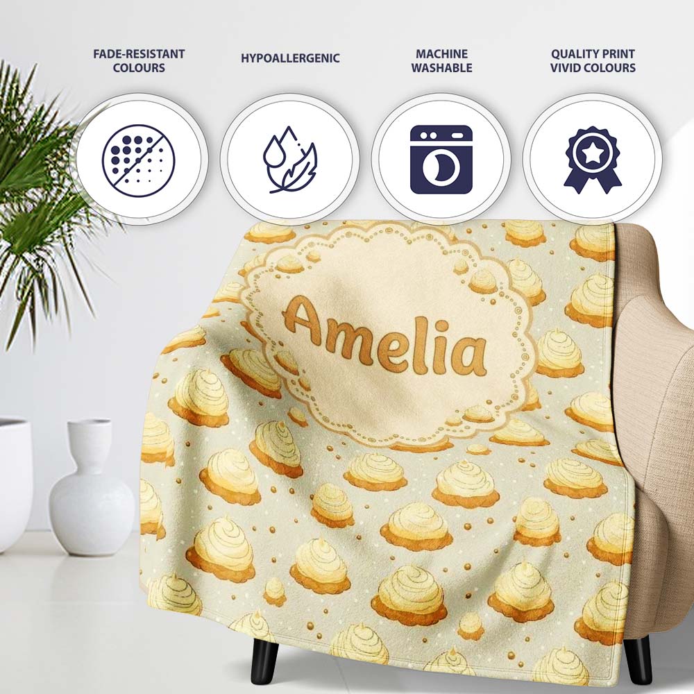 Golden Cream Dollop Pastry Repeating Minimal Seamless Pattern Lovely Personalised Custom Name Super Soft Fleece Blanket Bed Sofa Throw